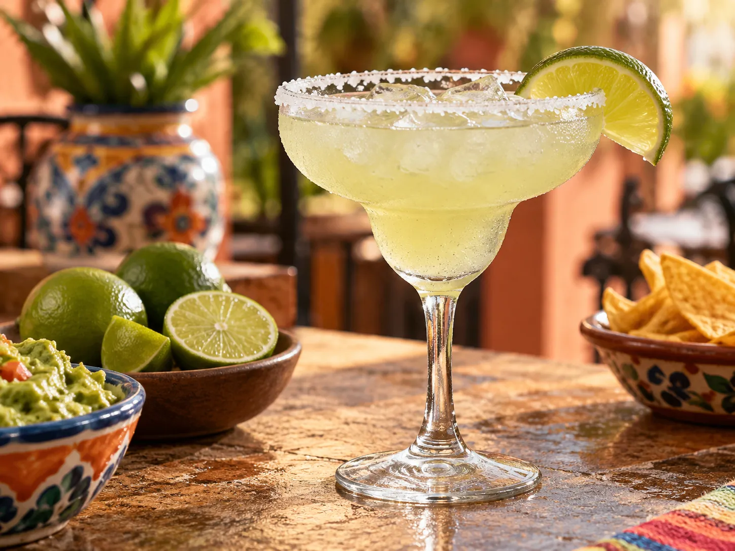 Classic lime margarita with a salted rim and fresh lime wedge